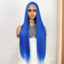 Blue Color 1pc Long Silky Straight 13*4 Lace Frontal Synthetic Wig For Women Preplucked Cosplay Daily Party Heat Resistant Fiber Front Wig Wedding Gifts - Multicolor - View 5