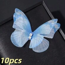 10pcs 3D Double Layer Sheer Mesh Butterfly Appliques With Rhinestones, Gradient Color Polyester Butterfly Charms For Hair Clips, DIY Wedding Craft - Butterfly - View 10