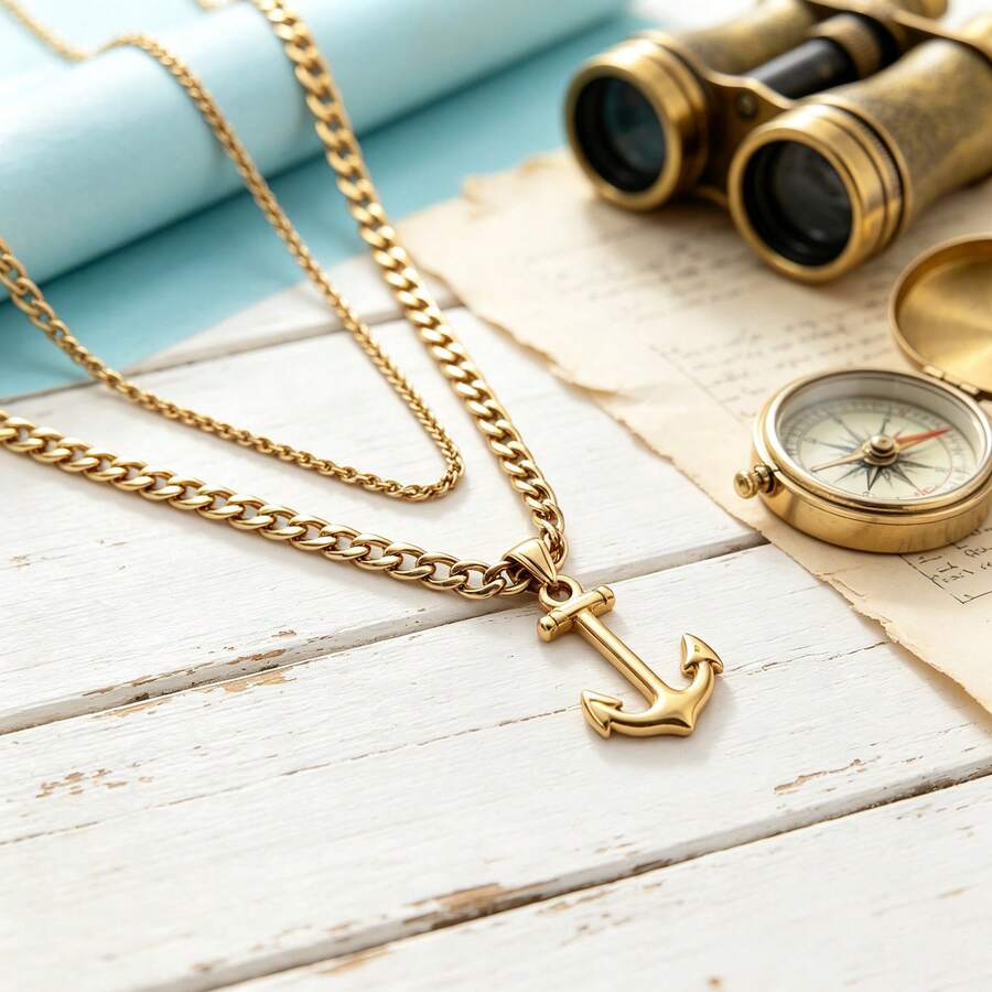 2pcs/Set Vintage Stainless Steel Gold-Plated Twisted Chain & Anchor Necklace, Unisex, Daily Wear, Holiday Wear, Niche Luxury, Fashion Versatile - Yellow Gold - View 1