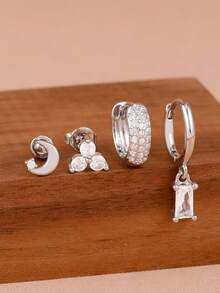 Bộ 4 đôi bông tai khoen hình học thời trang cho nữ, thép không gỉ, mặt trăng đính zirconia, bông tai nụ, không gây dị ứng, trang sức phong cách thẩm mỹ - 4 chiếc - Màu bạc - Xem 2