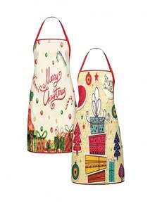 2Pcs Christmas Couple Apron Set, Merry Christmas Text Candy Cane Stocking Gift & Stacked Gift Box Xmas Tree Ornament Printed Adjustable Bib Apron, Holiday Kitchen Cooking Baking Apron For Family Party Xmas Gift - Multicolor - View 4