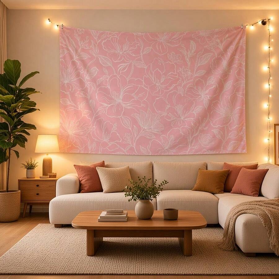 Pink Floral Wall Tapestry, White Line Floral Pattern, Minimalist Aesthetic Wall Decor, Suitable For Bedroom, Living Room, Dormitory Wall Hanging Decoration - Multicolor - View 1
