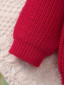 女童針織毛衣，精緻「大姊姊」刺繡搭配白色花卉圖案，柔軟舒適 - 紅色 - 查看 4
