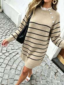 Plus Size Casual Fashion Lace Patchwork Round Neck Button Striped Knit Sweater Dress - Khaki - View 2