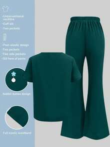 Solid Color V-Neck Short Sleeve Top And Split Leg Pants Lab Coat Nurse Scrub Scrub Set, Pet Hospital Clinic Work Scrub Fall - Dark Green - View 3