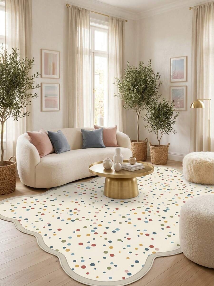 1PC Rice Bottom Colorful Polka Dot & Scattered Pattern Modern Minimalist Playful Area Rug, Fresh & Lively Style Faux Cashmere Asymmetrical Wavy Edge Rectangular Full Coverage Red Yellow Blue Green Pink Polka Dots & Wave Edge Details Machine Washable Carpet, Suitable For Living Room Bedroom Balcony, All Season Home Decor - Multicolor - View 1