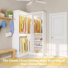 Corner Closet Organizer System, L Shaped Wardrobe Garment Tower With Shelves, Bedroom Walk In Storage Rack With Hanging Rods, Modern Minimalist Style, Natural Wood Finish, One Piece - White - View 5