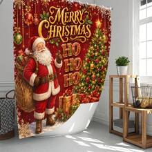 1pc/4pcs Red Background Santa Claus Gift Pattern Multi-Functional Bathroom Decor Shower Curtain Set, Free 12 Hooks, Premium Holiday Atmosphere, Bathroom Mat U-Shaped Floor Mat And Round Toilet Lid Cover, Suitable For All Occasions Decoration, Bathroom Set - Santa Claus Gift Red Background - View 2