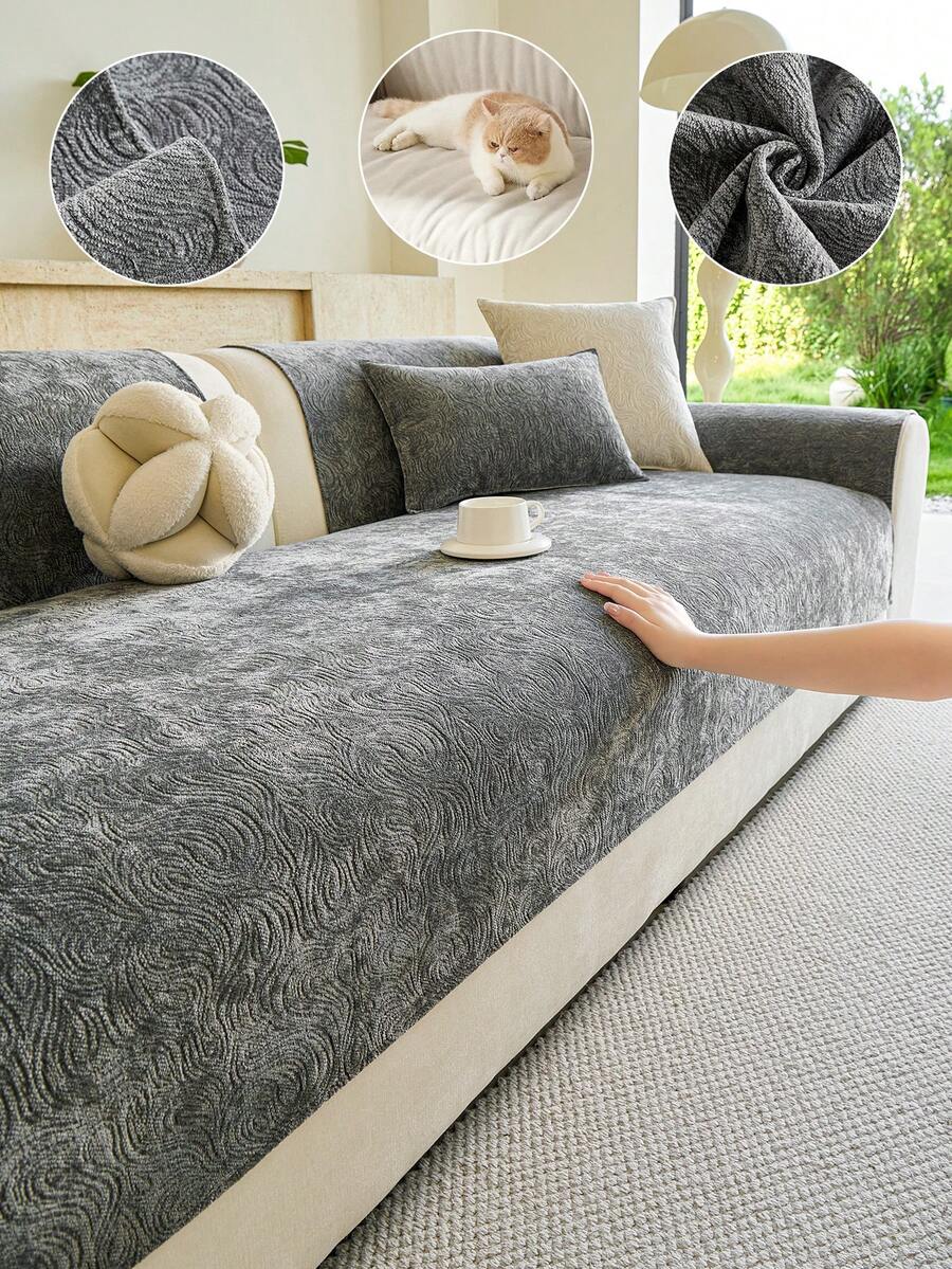 1PC Skin-Friendly Chenille Swirl Pattern Sofa Cushion Cover – Comfortable & Breathable, All-Season Non-Slip Cushion, Armrest & Backrest Cover, Pet-Friendly (Stain-Resistant), Durable & Dustproof, Machine Washable - Dark Grey - View 1