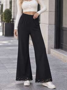 Women's Black Polyester Flare Leg Pants, With Hollow Lace Hem, Non-Stretch Long Pants, Casual Style - Black - View 3