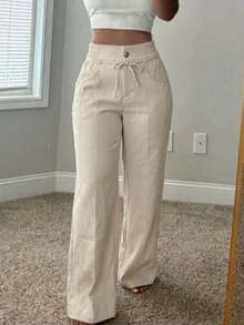 Women's Autumn Basic Drawstring Elastic Waist Wide Leg Pants, Suitable For Back To School, Church, Outings And Street Casual Bottoms - Apricot - View 4