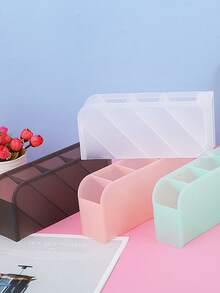 1pc Desktop Cosmetic Storage Box, Slanted Frosted PP Material Storage Box, Convenient For Storing Makeup Brushes, Eyebrow Pencils, Lipsticks, Cleansers, Etc., Pen Holder Storage Box Iron Hollow Desktop Storage Bucket Student Stationery Multifunctional Office Supplies Pen Box Desk - Multicolor - View 7
