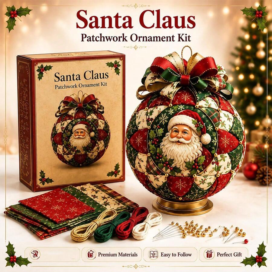 Classic Christmas Patchwork Ornament Kit,Santa,Snowman, Christmas Tree, Reindeer Designs,Retro Xmas Hand‑Stitching Craft Supplies, Multiple Classic Xmas Patterns For Indoor Tabletop & Hanging Holiday Decoration Making, Festive Home Decor - Christmas Baubles - View 1