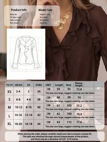 Women's V-Neck Ruffle Chiffon Blouse Brown Semi-Sheer Bell Sleeve Top - Brown - View 3