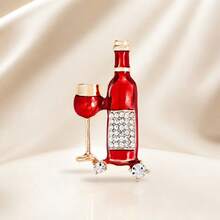 Vintage Enamel Wine Bottle & Goblet Brooch, Clear Rhinestone Inlaid Lapel Pin, Alloy Decorative Badge For Coat Scarf Fashion Jewelry Gift - Red - View 1