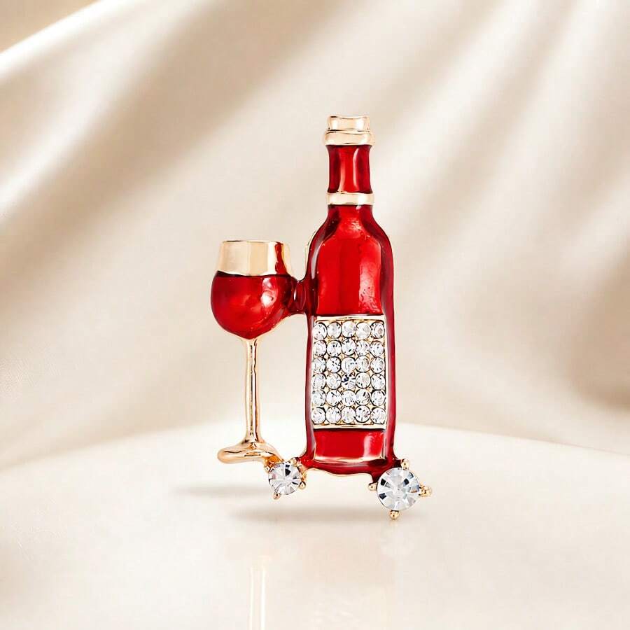 Vintage Enamel Wine Bottle & Goblet Brooch, Clear Rhinestone Inlaid Lapel Pin, Alloy Decorative Badge For Coat Scarf Fashion Jewelry Gift - Red - View 1