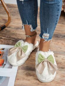 Women's Bow-Knot Open-Toe Plush Warm Slippers, Comfortable Breathable Indoor House Slippers For All Seasons - Green - View 4