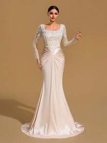 Elegant Women's Square Neck Long Sleeve Cocktail Dress With Pearl Drape Details, Romantic Party Dress - Champagne - View 5