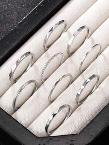 9pcs/Set Silver Stainless Steel Rings Men's Fashion Rings Stackable Jewelry Suitable For Halloween Gift For Husband Friend Selected Gift - Silver - View 6