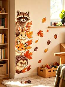 Cute Autumn Forest Animals Vertical Wall Decal, Raccoon Rabbit Fox Hedgehog Autumn Leaves Pine Cone Creative Fun Pattern Wall Sticker Decor For Nursery, Kids Room, Classroom, Bedroom, Living Room Wall, Easy To Apply And Remove High Quality No Glue Adhesive Film, Fall Autumn Atmosphere Decor Sticker - Multicolor - View 2