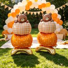 2pcs Standing Aluminum Foil Balloons With Base, Bear & Pumpkin Combination Design, Autumn Theme Party Window Indoor Outdoor Decoration Props - Multicolor - View 3