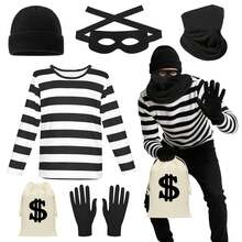 6Pcs Unisex Thief Costume Accessories Set, Couple Halloween Robber Outfit Beanie, Mask, Gloves, Neck Mask & Party Bag - Multicolor - View 8