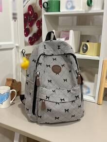 Women Sweet Bow Print Corduroy Backpack, Pink Quilted Diamond Pattern Large Daypack Multi‑Zipper Pockets Casual Rucksack For Teen Girls School - Multicolor - View 3
