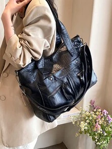 Tote Bag With Detachable Long Shoulder Strap For Shoulder, Crossbody And Hand Carry, Large Capacity With Multiple Compartments For Storage, Zipper Closure, Vintage Distressed Casual Style, Suitable For Commuting, Travel And Short Trips, Black Textured Tote Bag, Versatile Practical Multi-Pocket Women's Travel Bag - Black - View 4