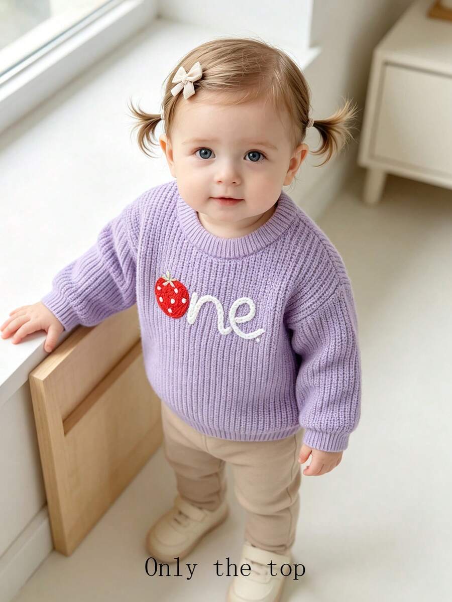Ins Style Baby Sweater, European And American Style Baby Girl Strawberry Embroidered Round Neck Pullover Knit Top, Infant Long Sleeve Versatile Base Layer - Purple - View 1