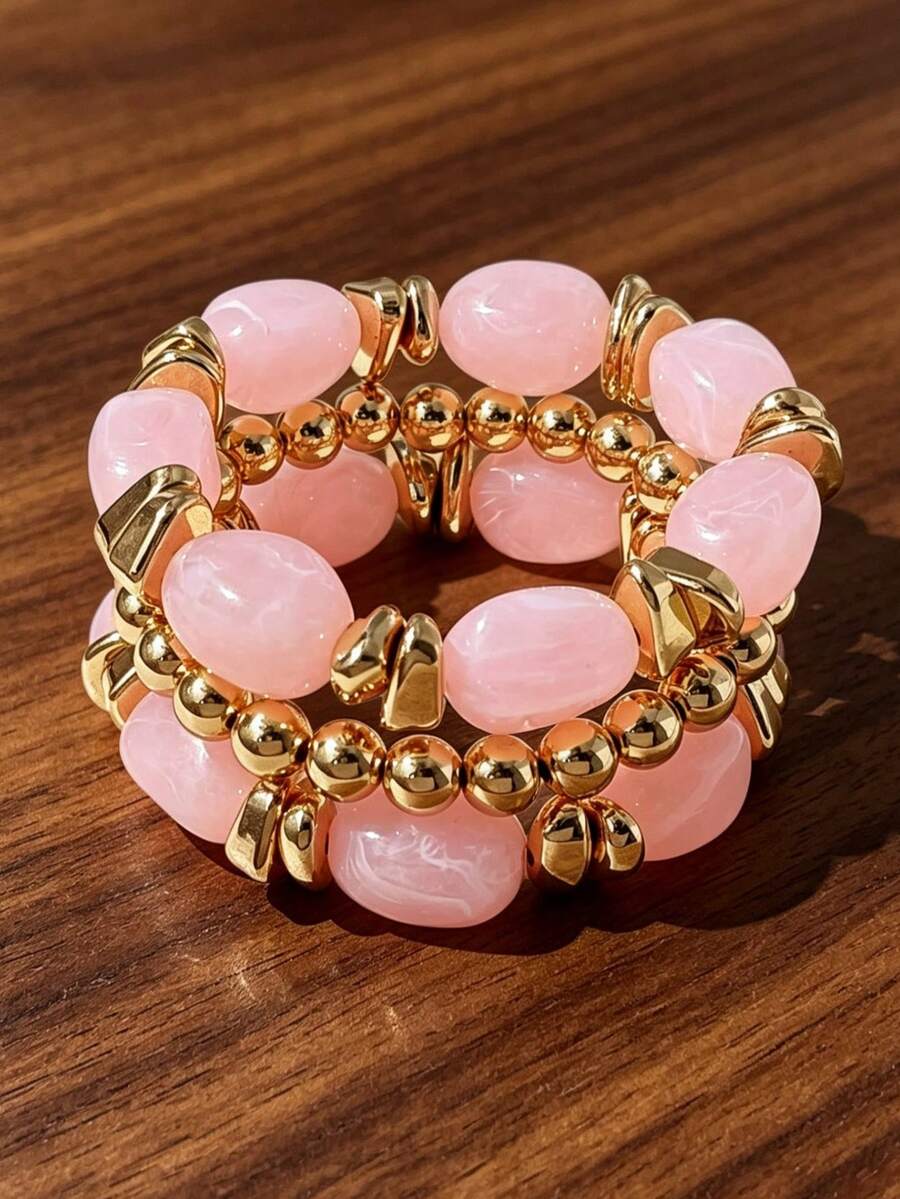 3pcs/Set Fashionable Retro Exaggerated Bohemian Thick Multi-Layer Light Pink Acrylic Beaded Bracelet Set For Women