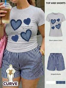 Camiseta gris + pantalones cortos a rayas azules