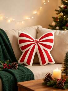 Mint Striped Bow Decor Throw Pillow, Red And White Ribbon Cushion, Suitable For Sofa Bed Chair, Sweet Style Christmas Holiday Home Decor Accent - Multicolor - View 1