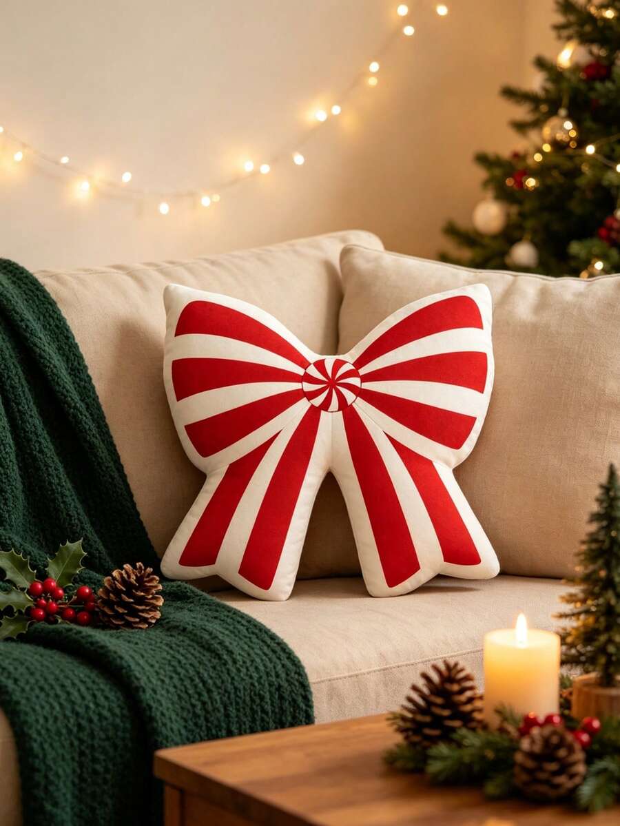 Mint Striped Bow Decor Throw Pillow, Red And White Ribbon Cushion, Suitable For Sofa Bed Chair, Sweet Style Christmas Holiday Home Decor Accent - Multicolor - View 1