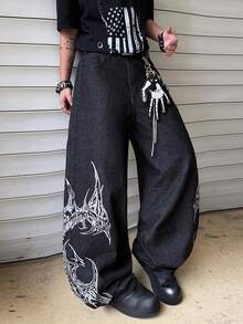 1pc Vintage American Street Style Embroidered Loose Fit Relaxed Straight Leg Jeans, Comfortable & Versatile For All Seasons (Excluding Belt & Accessories) - Black - View 1