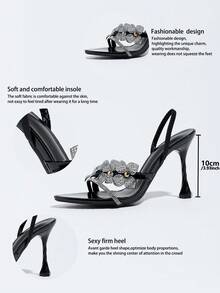Women's High Heel Sandals With Shiny 3D Rhinestone Floral Design, Thin Rhinestone Straps, Elegant Comfortable Back Strap, Thin High Spiral Architectural Heel, Pointed Toe Open Toe, Shiny Black Mirror Finish, Suitable For All Seasons, Wedding, Party, Evening Gala, Formal Dress, Stage Show, Date, Gift, Vacation Outfit, Charming And Alluring - Black - View 8