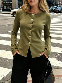 女款復古時尚金屬鈕扣前開襟純色圓領輕量針織開襟衫，修身簡約優雅休閒毛衣，秋冬款 - 橄欖綠 - 查看 2