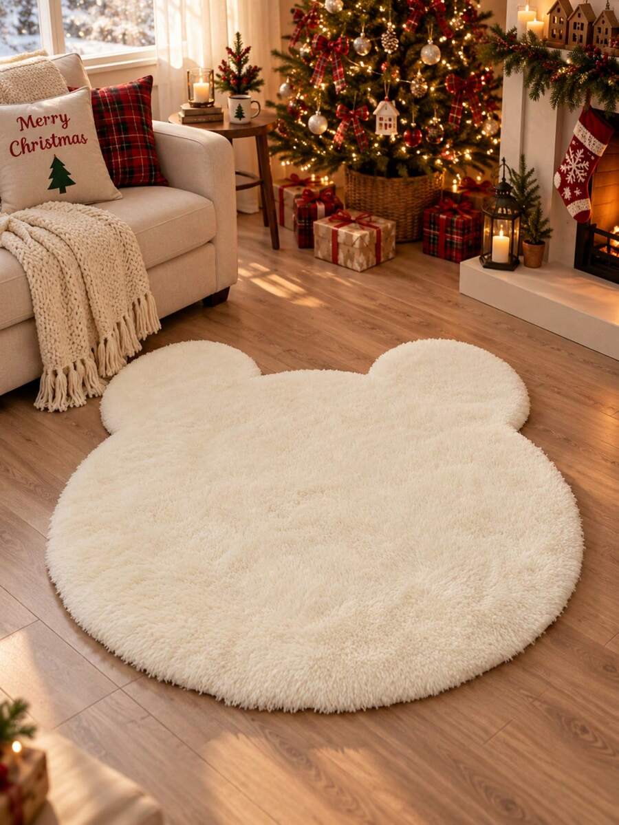 1pc White Cute Bear Shaped Plush Rug, Animal Shaped Irregular Rug, Bedroom Plush Rug, Thick Soft Fluffy Solid Color, Hand-Cut With 1-5cm Error, Soft Thick Rug, Dorm Rug, Bedside Rug, Rug, Mat, Home Decor, Area Rug, Home Decor, Area Rug, Bedroom Rug, Washable Rug - White - View 1