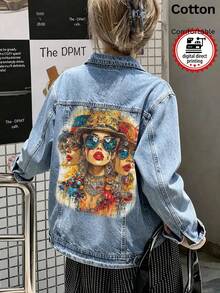 Women's Denim Jacket, Vintage Fashion Lady Print, White Ink Direct-To-Garment Printing, Vintage Washed Loose Fit - Light Denim Blue - View 1