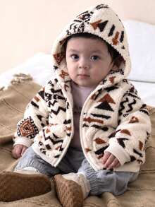 Baby Boy Jacquard Apricot Fuzzy Hooded Zip-Up Jacket, Fashionable - Apricot - View 3