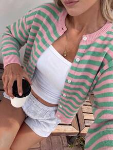 Women's 1pc Colorful Striped Button-Up Cardigan, Y2K Preppy Style Round Neck Long Sleeve Knit Jacket, Loose Fit Knit Cardigan, Suitable For Campus, Streetwear, Weekend Gatherings - Pink - View 4