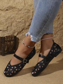 Women's Embroidered Buckle Mary Jane Shoes, V-Neck Slip-On Ballet Shoes - Black - View 13