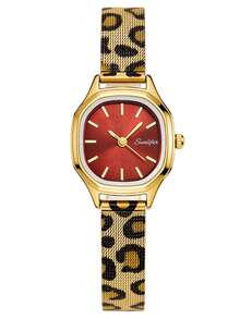 1 buah Jam Tangan Quartz Retro Segi Delapan Wanita, Casing Paduan Emas, Dial Merah, Tali Jala Logam Motif Leopard, Cocok untuk Pemakaian Sehari-hari dan Hadiah - Merah - View 8