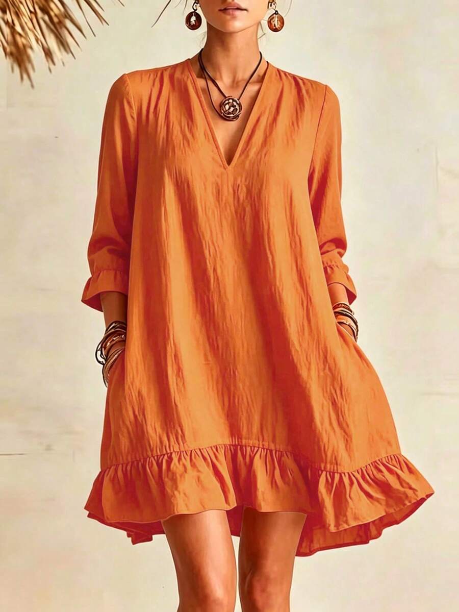 Women's Casual V-Neck 3/4 Sleeve Loose Ruffle Hem Dress, Breathable Comfortable Slimming Dress, Versatile For Vacation, Daily Wear And Commuting - Orange - View 1