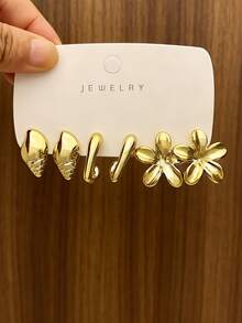 Women's Mixed Gold Shell & Flower Hoop Earrings 9 Pairs Set, Seashell Texture Thick Style Personalized Daily Accessories - Gold - View 6