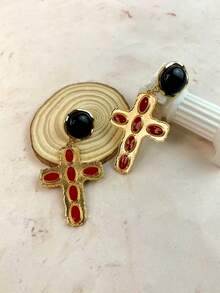Red Cross Drop Earrings, Vintage Gothic Statement Jewelry, Black Round Studs, Gold Tone Ornate Details - Cross Earrings - View 2