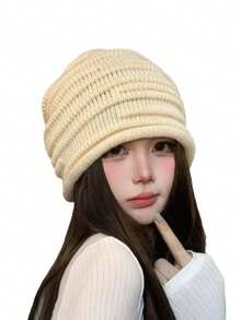 1pc Women's Autumn/Winter Drawstring Knit Beanie Hat, Slouchy Knit Cap, Unisex Loose Large Head Circumference Fashion Cold Weather Hat - Multicolor - View 2