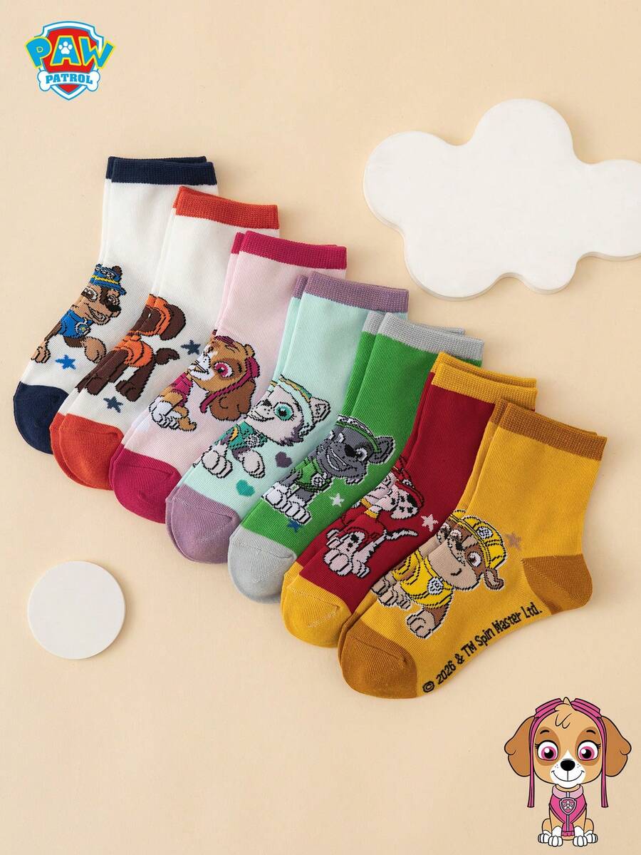 7 Pairs Paw Patrol Series Authentic Chase Rubble Rocky Zuma Cartoon Kids Mid-Calf Socks - Multicolor - View 1