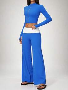 NcmRyu Women's 1 Set Contrast Color Autumn/Winter Zipper Small Stand Collar Thumb Hole Long Sleeve Jacket & Folded Waist Wide Leg Long Pants - Blue - View 9