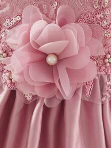Gaun Pesta Ulang Tahun Anak Perempuan Model Puff Satin dengan Leher Bulat dan Bordir Pita yang Indah, Cocok untuk Pesta Malam dan Wisuda. - Dusty Pink - View 8