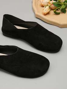 Spring Summer Autumn Comfortable Casual Flat Slip-On Shoes Suede Round Toe Lightweight Anti-Slip Wear-Resistant Versatile Black Flat Shoes - Black - View 6